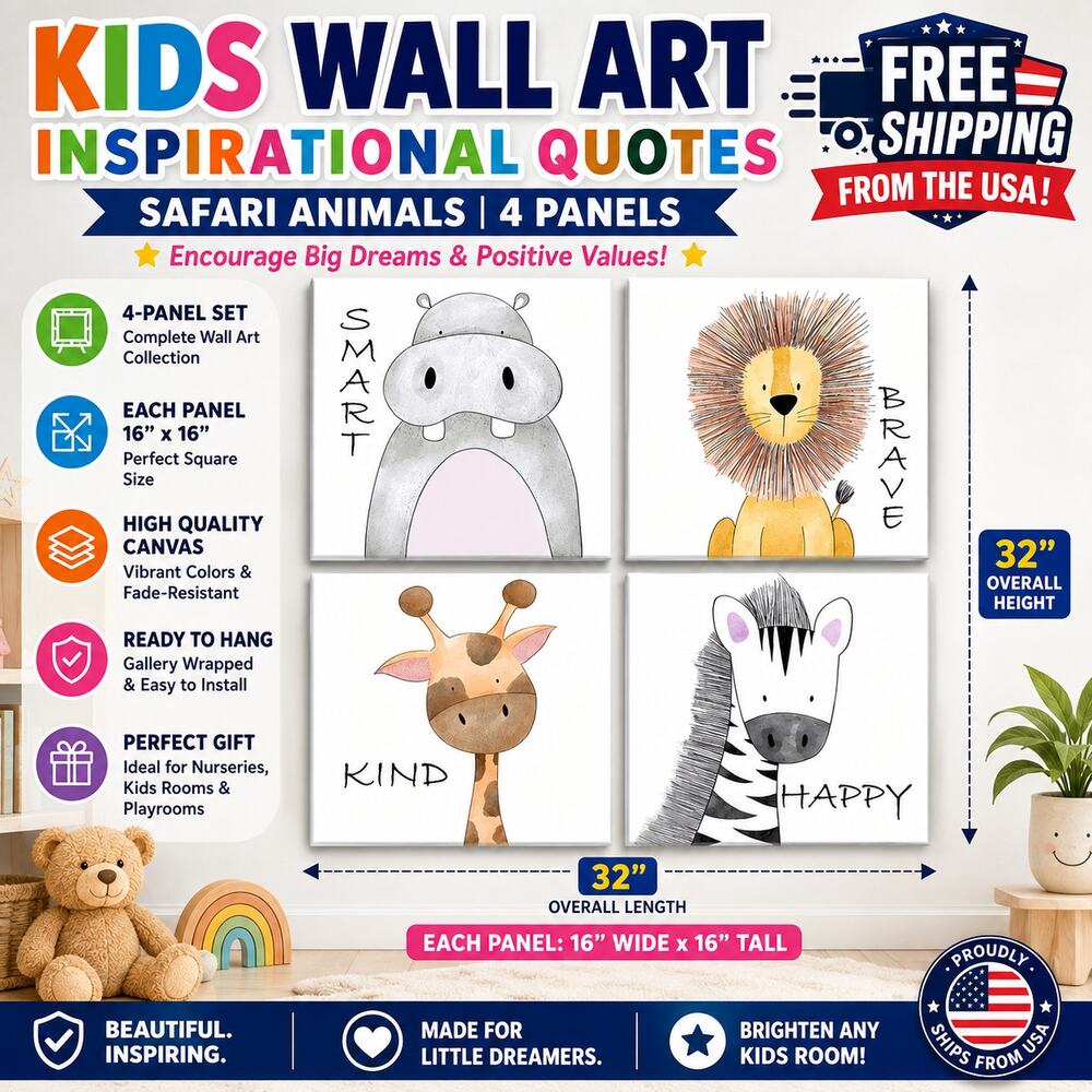 Kids Wall Art Inspirational Quotes Canvas Print Safari Animals, 4 Panels 16"x16"
